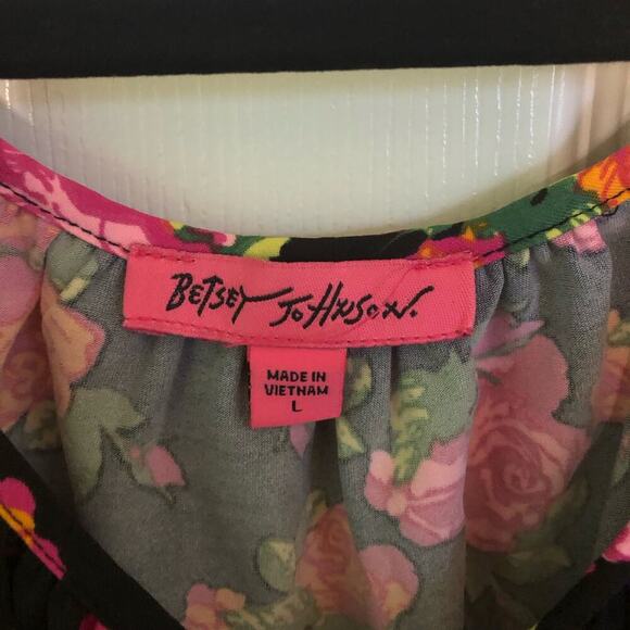 Betsey Johnson Size Large Floral Blouse Tie-Front Neon Rose Print - Picture 2 of 5